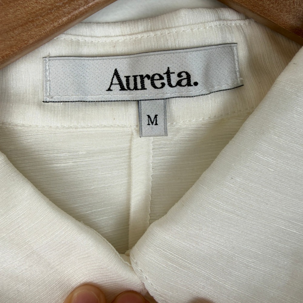 Aureta Linen Silk Puff Sleeve Blouse Women Medium Ivory Statement Button Down - Picture 2 of 10
